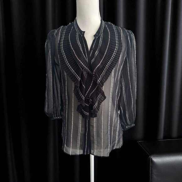 WHITE HOUSE BLACK MARKET WHBM Black White Striped Sheer Ruffle Blouse Size S - Picture 1 of 9